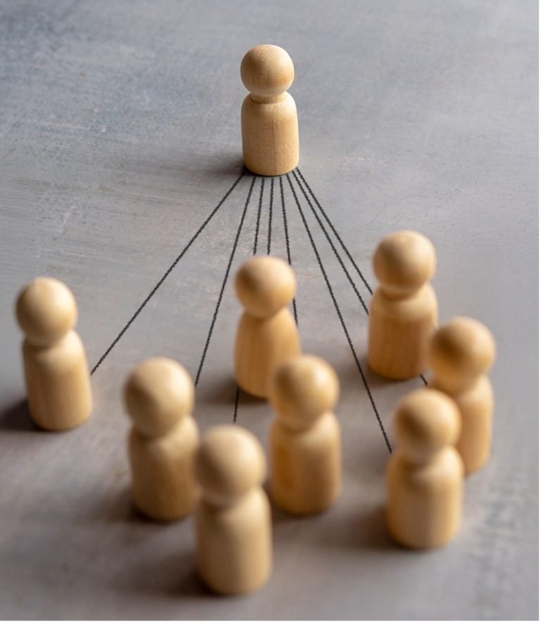 Wooden figure connected to a team of figures, representing leadership